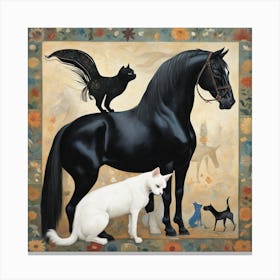 Black Horse And Cats Canvas Print