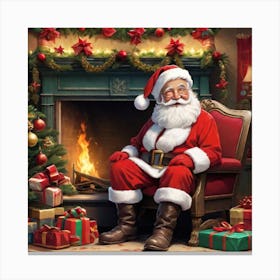 Santa Claus In Front Of Fireplace Canvas Print