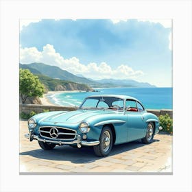 High End Car With A Beautiful Coastal View, Watercolor Painting 1 Canvas Print