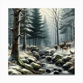 Deer In The Woods With Mossy Stones, Acrylic Painting Style Canvas Print