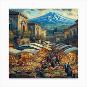 Sicily Market With Mount Etna Canvas Print