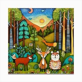 Art Drawing Forest And Animals Scene Folk Art Styl (6) Canvas Print