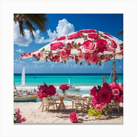 Roses Umbrella On The Beach Canvas Print