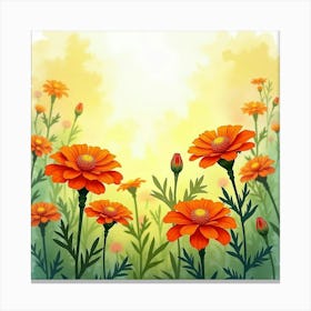 Bright Watercolor Marigolds In A Sunny Garden Scene 1 Canvas Print