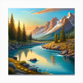 Landscape With Mountains And River 3 Canvas Print