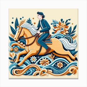 A Guy Riding A Beautiful Horse Fast Around A Curve Folk Art Stlye 4 Canvas Print