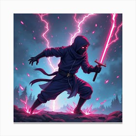 Ninja Dodging Attacks Under A Neon, Electric Storm 1 Canvas Print