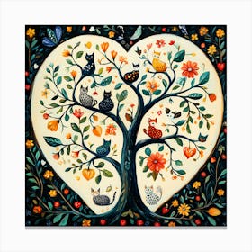 Folk Art Heart Tree Cat Climbing Artwork 1 Canvas Print