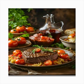 Steak With Pasta And Tomatoes Canvas Print