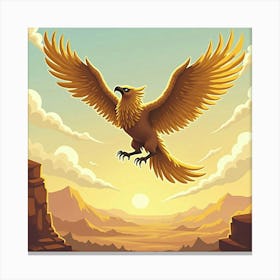 Griffin With Golden Feathers Soaring Over A Desert 1 Canvas Print