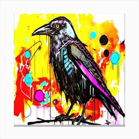 Crow Colorful - Black Bird On Twig Canvas Print