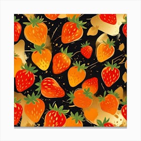 A Seamless Pattern Of Strawberries With Golden Accents On A Black Background Canvas Print