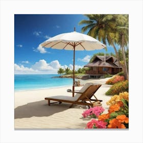 Beach Chair And Umbrella Canvas Print