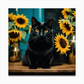 van gogh Black Cat With Sunflowers Canvas Print