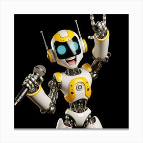 An illustration of a small, white and yellow robot with blue eyes, holding a microphone in one hand and making a rock and roll sign with the other hand Canvas Print
