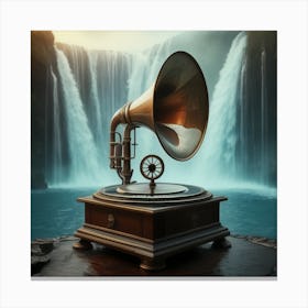 Gramophone In Front Of Waterfall Canvas Print