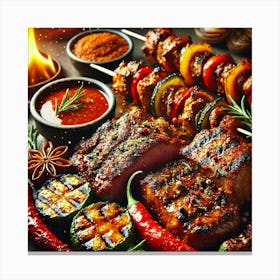 A Close Up Of Spicy Grilled Meats, Including Flame Canvas Print