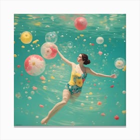 Woman Floating In The Water With Ballons and Flowers Canvas Print