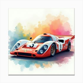 Porsche 917 Surrounded By A Colorful Watercolor Background, No Signature Or Logo 1 Canvas Print