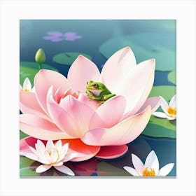 A Frog Resting On A Giant Pastel Flower In A Bright Watercolor Pond, Surrounded By Lilies Canvas Print