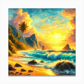 Oil Texture Tropical Beach At Sunset 7 Canvas Print