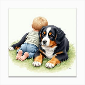 A Gentle Bernese Mountain Dog Resting Beside A Child, Watercolor 1 Canvas Print