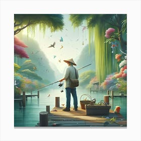 An Image Of A Man Fishing In A River With A Beautiful Landscape 4 Canvas Print