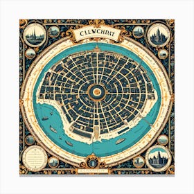 A Vintage Map, Of A Historic City With Ornate Borders And Labels art print 11 Canvas Print