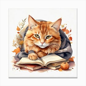 Orange Cat Reading A Book Canvas Print