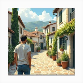 Spanish Man In A Scenic Village, Watercolor With Tranquil Surroundings 1 Canvas Print