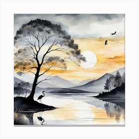 Heron scene in grey and gold 2 Canvas Print