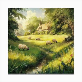Sheep Grazing By A Stream Canvas Print