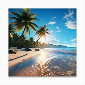 A Serene Beach Scene With Palm Trees Swaying In The Breeze Canvas Print