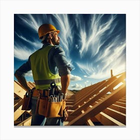 Construction Worker Standing On Roof Canvas Print