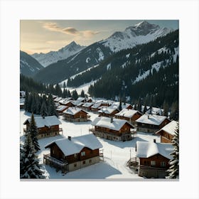 A Picturesque Alpine Village Nestled Among Snow-Covered Mountains And Evergreen Forests 2 Canvas Print