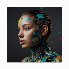 Futuristic Female Cyborg With Advanced Circuitry Design Against A Dark Bokeh Background Canvas Print