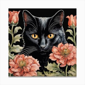 Black Cat Flowers William Morris Style (16) Canvas Print