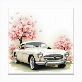 Elegant Classic Car With Spring Blossoms, Watercolor Painting 1 Canvas Print