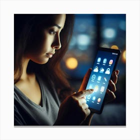 Woman Using Smart Phone At Night Canvas Print