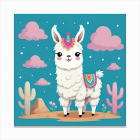 Cute Llama On A Blue Background Illustration Canvas Print