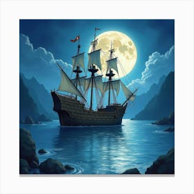 Enchanted Pirate Ship In A Watercolor Moonlit Bay 1 Canvas Print