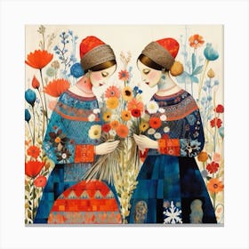 Two Women With Vintage Flowers Canvas Print