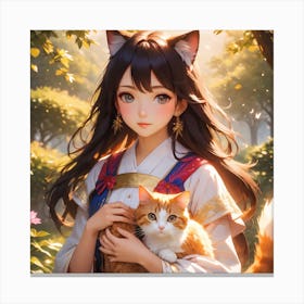 Beautiful anime girl with cat Canvas Print