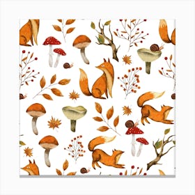 Autumn Foxes Seamless Pattern with wild flowers and yellow leaves Canvas Print