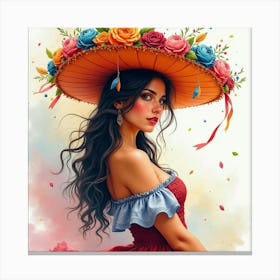 Spanish Woman In A Lively Carnival, Watercolor With Vibrant, Festive Colors 1 Canvas Print