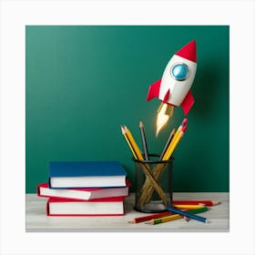 Rocket Ship With Pencils And Books Canvas Print