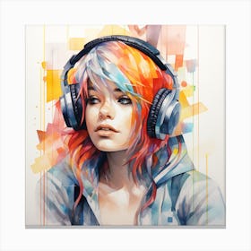 Girl With Colourful Hair And Headphones Geometric Watercolour Canvas Print