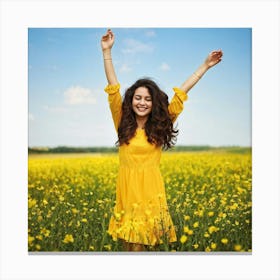 A Cheerful Young Woman Her Hair Reflecting The Suns Summer Light Basks In Natures Beauty While L (1) Canvas Print