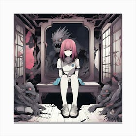 Manga Girl Sitting On A Bench Canvas Print