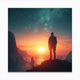 Man Standing On Top Of Mountain At Sunset Canvas Print